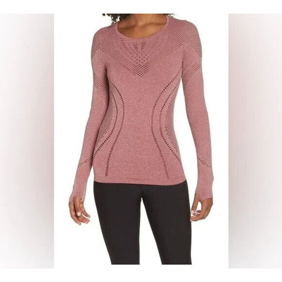 Alo Yoga Lark Seamless Laser Cut Mesh Top Sz Small Long Sleeve Rosewood Stretch - Picture 3 of 13